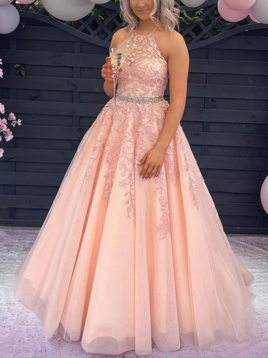 Princess Halter Tulle Sweep Train Beading Prom Dresses #Favs020106641