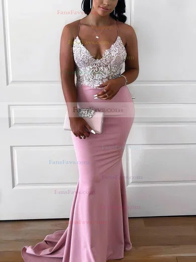 Trumpet/Mermaid V-neck Stretch Crepe Sweep Train Beading Prom Dresses #Favs020106651