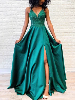 A-line V-neck Satin Sweep Train Beading Prom Dresses #Favs020106654