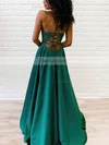 A-line V-neck Satin Sweep Train Beading Prom Dresses #Favs020106654