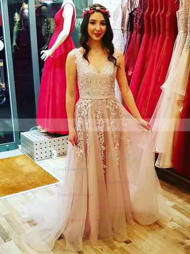 A-line V-neck Tulle Sweep Train Beading Prom Dresses #Favs020106659