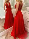 A-line V-neck Chiffon Sweep Train Beading Prom Dresses #Favs020106671