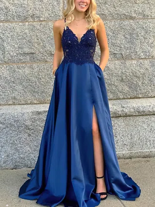 A-line V-neck Satin Sweep Train Beading Prom Dresses #Favs020106681 A-line V-neck Satin Sweep Train Beading Prom Dresses #Favs020106681