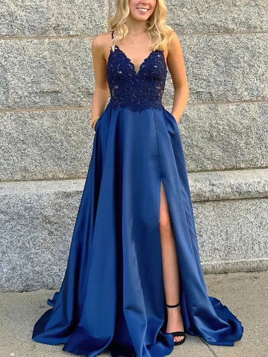 A-line V-neck Satin Sweep Train Beading Prom Dresses #Favs020106681