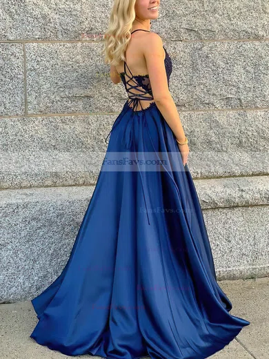 A-line V-neck Satin Sweep Train Beading Prom Dresses #Favs020106681