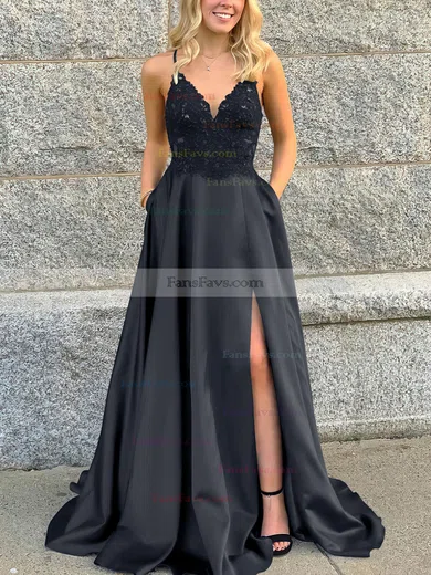 A-line V-neck Satin Sweep Train Beading Prom Dresses #Favs020106681
