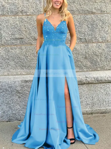A-line V-neck Satin Sweep Train Beading Prom Dresses #Favs020106681