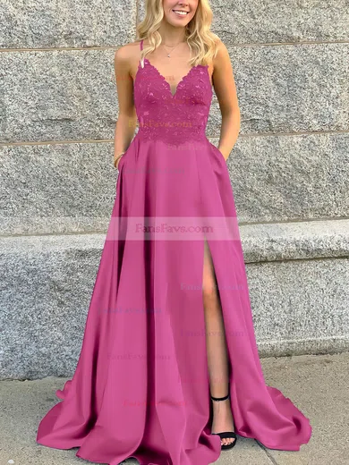 A-line V-neck Satin Sweep Train Beading Prom Dresses #Favs020106681