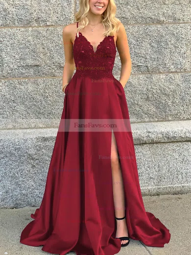 A-line V-neck Satin Sweep Train Beading Prom Dresses #Favs020106681