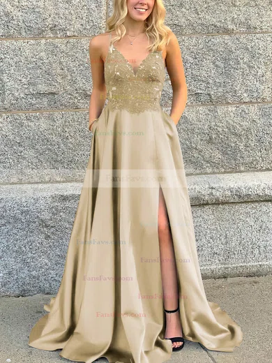 A-line V-neck Satin Sweep Train Beading Prom Dresses #Favs020106681