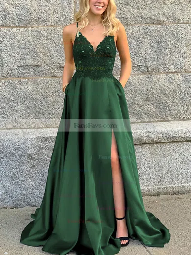 A-line V-neck Satin Sweep Train Beading Prom Dresses #Favs020106681