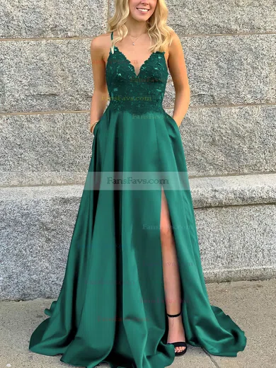 A-line V-neck Satin Sweep Train Beading Prom Dresses #Favs020106681