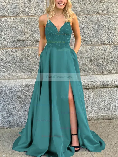 A-line V-neck Satin Sweep Train Beading Prom Dresses #Favs020106681