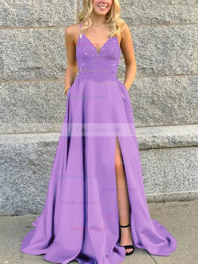 A-line V-neck Satin Sweep Train Beading Prom Dresses #Favs020106681