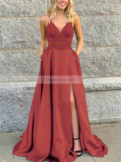 A-line V-neck Satin Sweep Train Beading Prom Dresses #Favs020106681