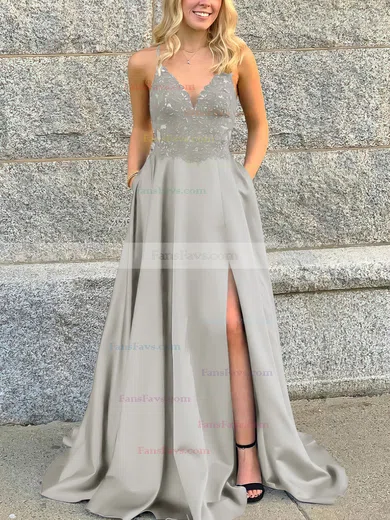 A-line V-neck Satin Sweep Train Beading Prom Dresses #Favs020106681