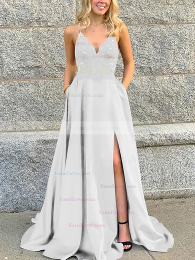 A-line V-neck Satin Sweep Train Beading Prom Dresses #Favs020106681