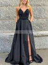 A-line V-neck Satin Sweep Train Beading Prom Dresses #Favs020106681