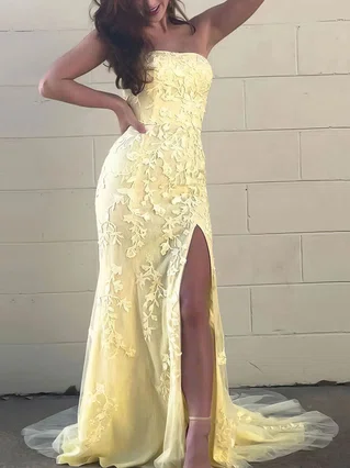 Trumpet/Mermaid Strapless Tulle Sweep Train Appliques Lace Prom Dresses #Favs020106701 Trumpet/Mermaid Strapless Tulle Sweep Train Appliques Lace Prom Dresses #Favs020106701