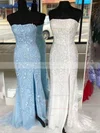 Trumpet/Mermaid Strapless Tulle Sweep Train Appliques Lace Prom Dresses #Favs020106701