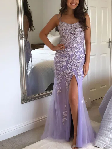 Sheath/Column Square Neckline Tulle Sweep Train Appliques Lace Prom Dresses #Favs020106709