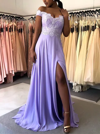 A-line Off-the-shoulder Chiffon Sweep Train Appliques Lace Prom Dresses #Favs020106711 A-line Off-the-shoulder Chiffon Sweep Train Appliques Lace Prom Dresses #Favs020106711