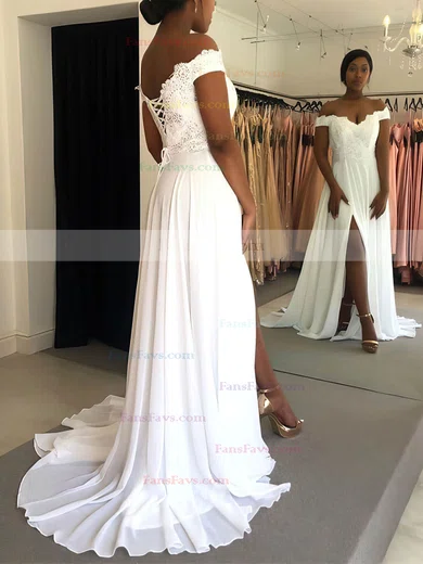 A-line Off-the-shoulder Chiffon Sweep Train Appliques Lace Prom Dresses #Favs020106711