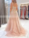 A-line Square Neckline Tulle Sweep Train Appliques Lace Prom Dresses #Favs020106723