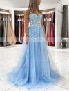 A-line Square Neckline Tulle Sweep Train Appliques Lace Prom Dresses #Favs020106723