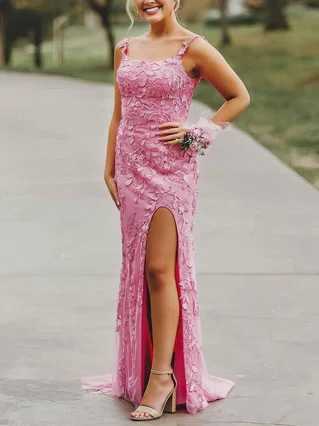 Sheath/Column Square Neckline Tulle Sweep Train Appliques Lace Prom Dresses #Favs020106726 Sheath/Column Square Neckline Tulle Sweep Train Appliques Lace Prom Dresses #Favs020106726