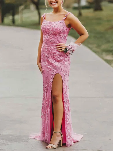 Sheath/Column Square Neckline Tulle Sweep Train Appliques Lace Prom Dresses #Favs020106726