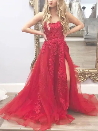 A-line Square Neckline Tulle Sweep Train Appliques Lace Prom Dresses #Favs020106727 A-line Square Neckline Tulle Sweep Train Appliques Lace Prom Dresses #Favs020106727