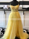 A-line Square Neckline Tulle Sweep Train Appliques Lace Prom Dresses #Favs020106727