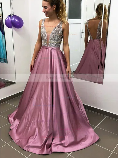 A-line V-neck Satin Sweep Train Beading Prom Dresses #Favs020106744