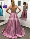A-line V-neck Satin Sweep Train Beading Prom Dresses #Favs020106744