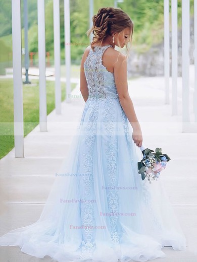 A-line Scoop Neck Tulle Sweep Train Beading Prom Dresses #Favs020106752
