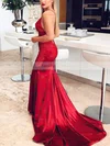 Trumpet/Mermaid V-neck Satin Sweep Train Beading Prom Dresses #Favs020106756