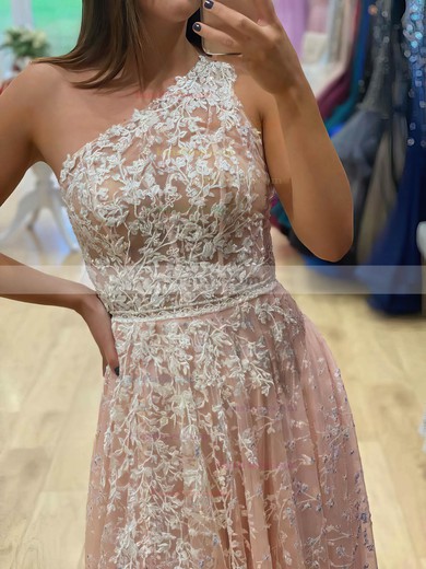 A-line One Shoulder Tulle Floor-length Beading Prom Dresses #Favs020106759