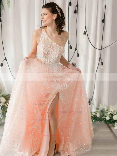 A-line One Shoulder Tulle Floor-length Beading Prom Dresses #Favs020106759