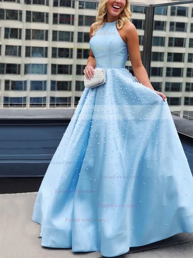 Ball Gown Scoop Neck Satin Sweep Train Beading Prom Dresses #Favs020106767