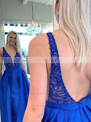 A-line V-neck Satin Sweep Train Beading Prom Dresses #Favs020106771