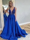 A-line V-neck Satin Sweep Train Beading Prom Dresses #Favs020106771