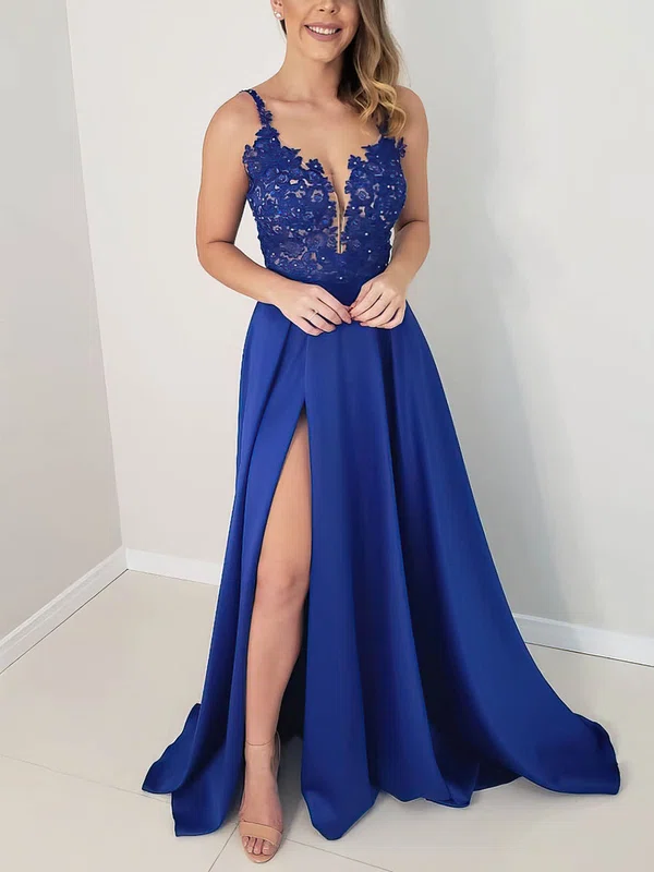 A-line V-neck Satin Sweep Train Beading Prom Dresses #Favs020106774