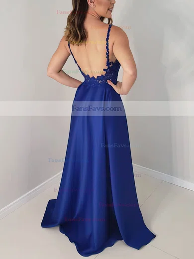 A-line V-neck Satin Sweep Train Beading Prom Dresses #Favs020106774