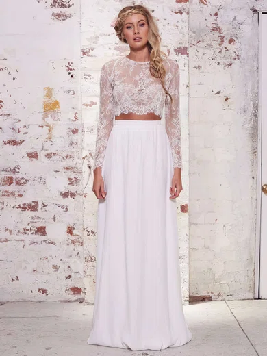 A-line Scoop Neck Lace Chiffon Floor-length Prom Dresses #Favs020103264