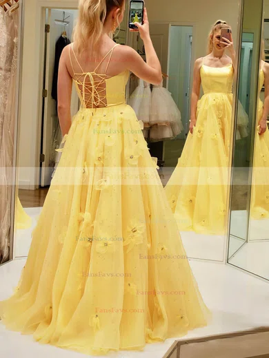 A-line Square Neckline Satin Organza Floor-length Flower(s) Prom Dresses #Favs020106783