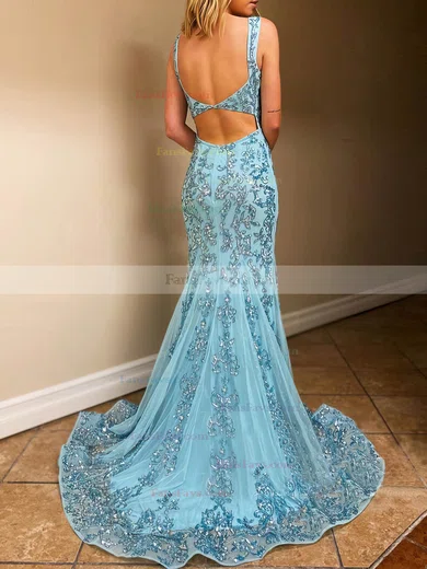 Trumpet/Mermaid Square Neckline Tulle Sweep Train Beading Prom Dresses #Favs020106785