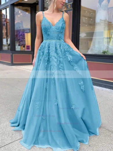 A-line V-neck Tulle Sweep Train Appliques Lace Prom Dresses #Favs020106787