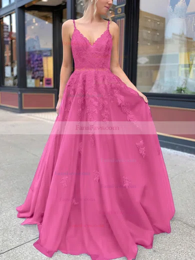 A-line V-neck Tulle Sweep Train Appliques Lace Prom Dresses #Favs020106787