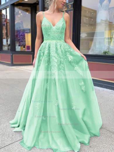 A-line V-neck Tulle Sweep Train Appliques Lace Prom Dresses #Favs020106787
